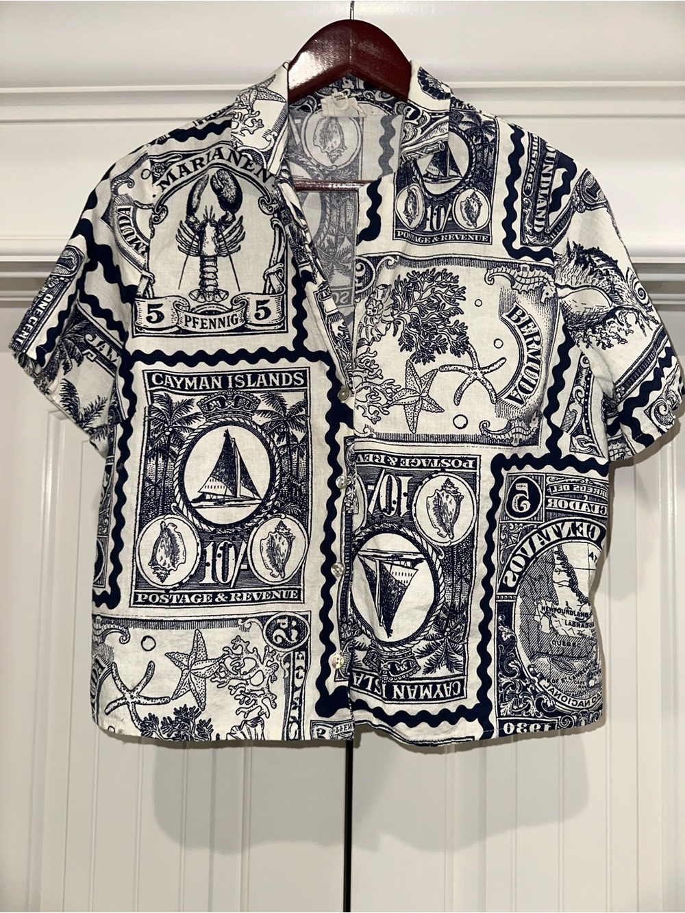 Nicole Miller Artelier Coastal Stamp Print Button Front Shirt Large Resort Wear